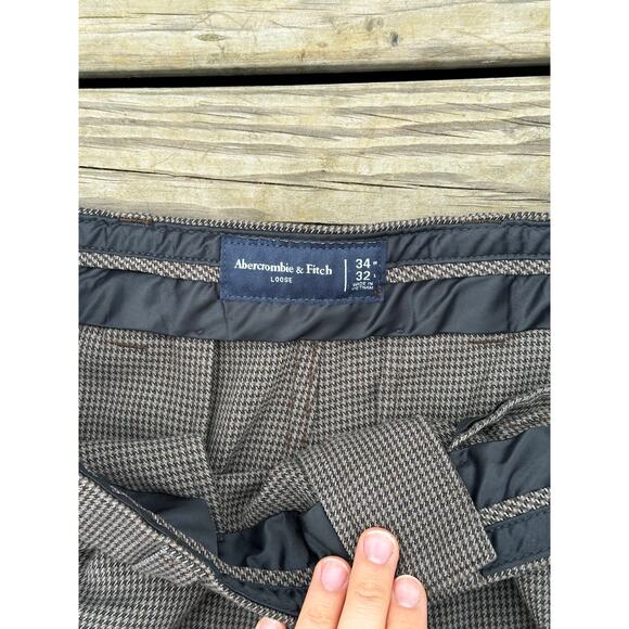 Abercrombie & Fitch Wool Blend Dress Pants Men’s 34x32 Brown Check Loose Fit - Picture 3 of 4